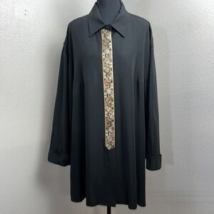 Vtg Gemini II Designs Inc Blouse Woman's 2X Black Collard Feather‎ Front Detail